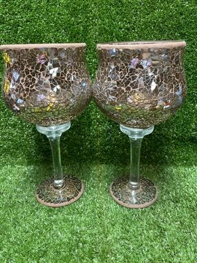 Pair of Mosaic Glass Goblets - Iridescent Brown Design